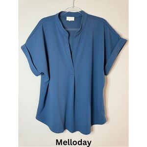 Melloday Blue Split Neck Short Sleeve Blouse Top XL